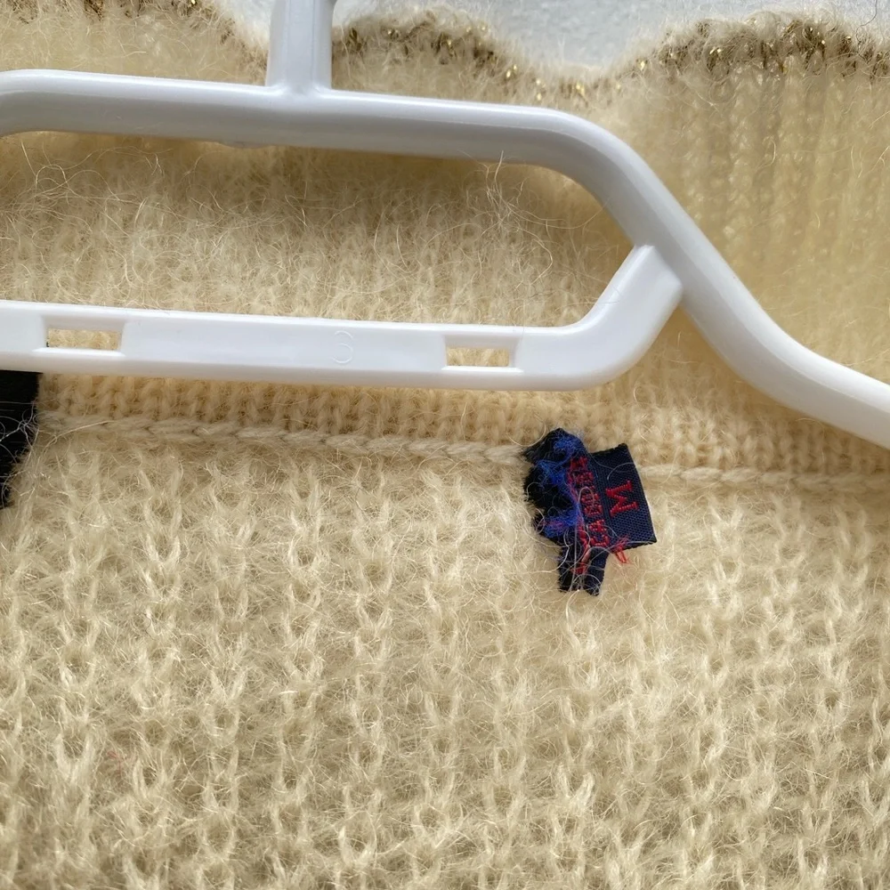 Vintage - Women's Cream Button Up Ruffle Collar Pure Wool Cardigan - Picture 7 of 11